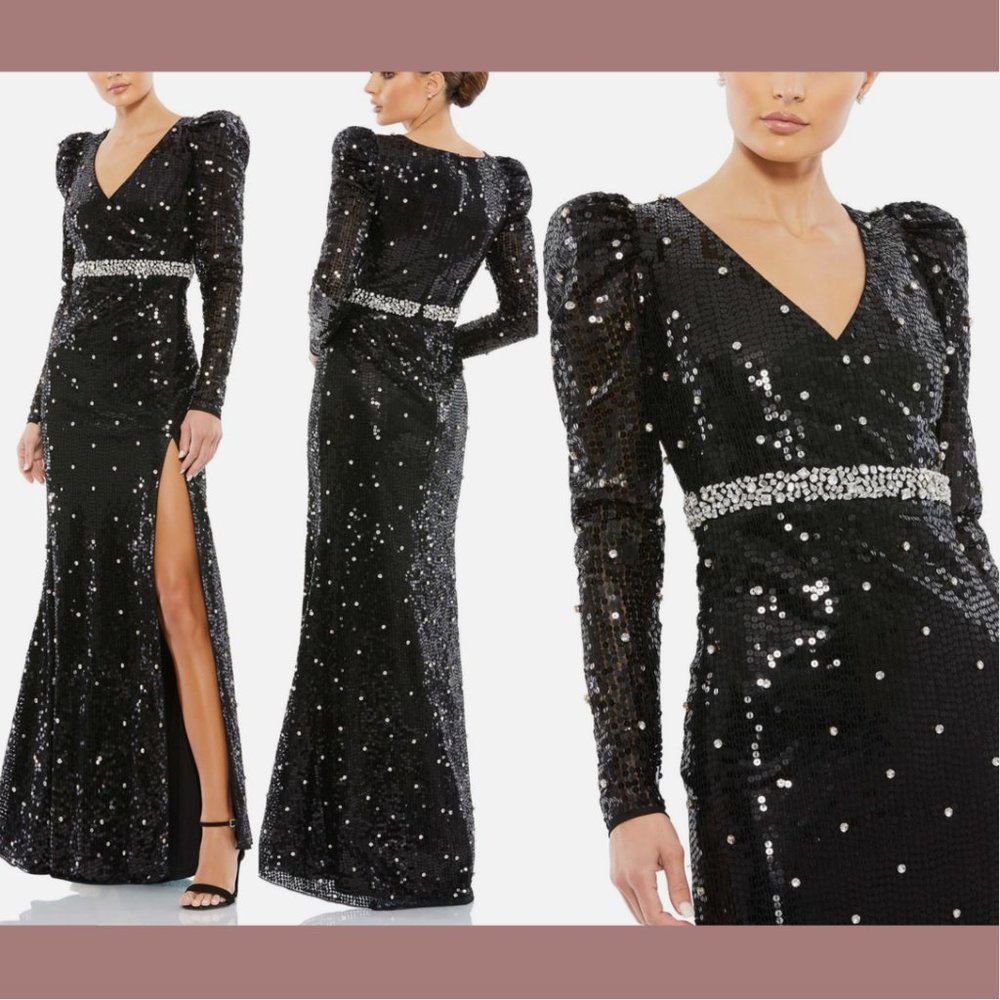 NWT $598 Mac Duggal [ 6 ] Sequined Faux Wrap Puff Sleeve‎ Trumpet Gown #Q538